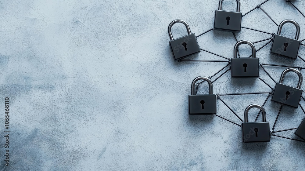 Digital network with scattered padlocks, visualizing the concept of decentralized data privacy Digital network with scattered padlocks, visualizing the concept of decentralized data privacy