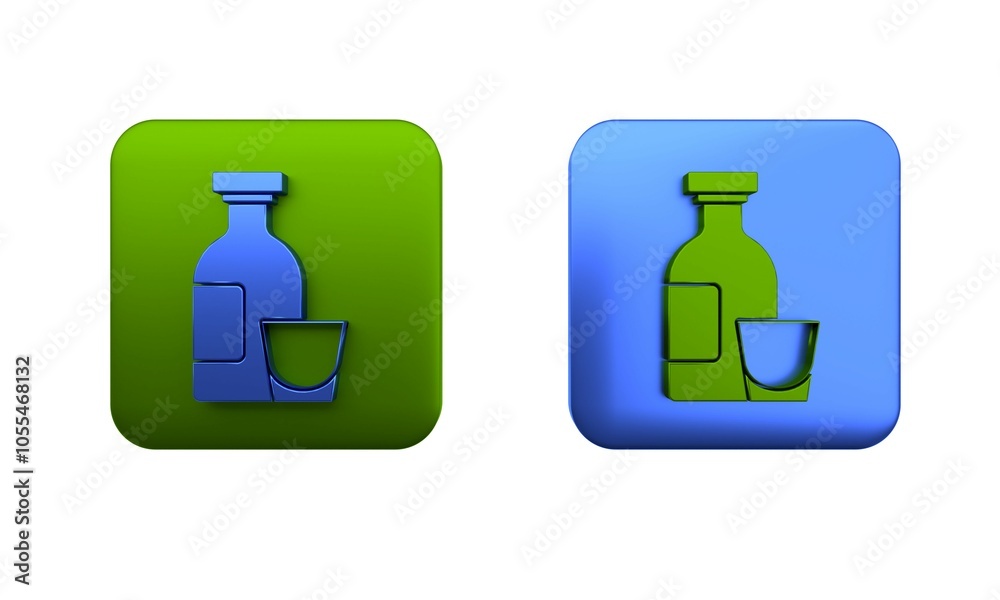 Colorful Alcohol drink Rum bottle and glass icon isolated on white background. Square button. 3D render illustration Colorful Alcohol drink Rum bottle and glass icon isolated on white background. Square button. 3D render illustration