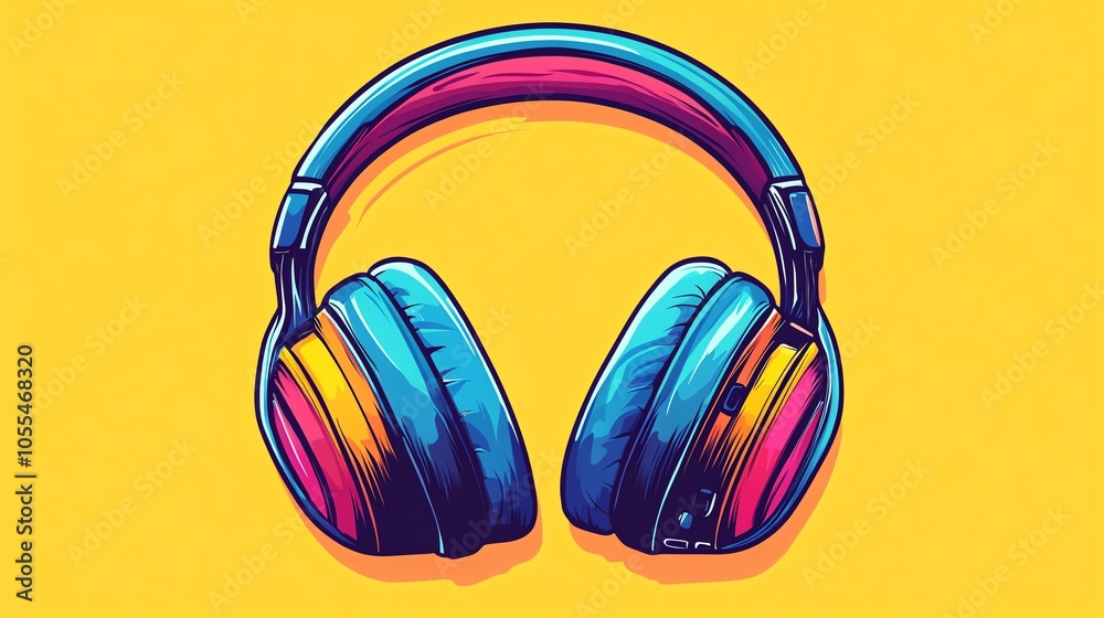 A cartoon illustration of headphones in a vibrant color scheme. A cartoon illustration of headphones in a vibrant color scheme.