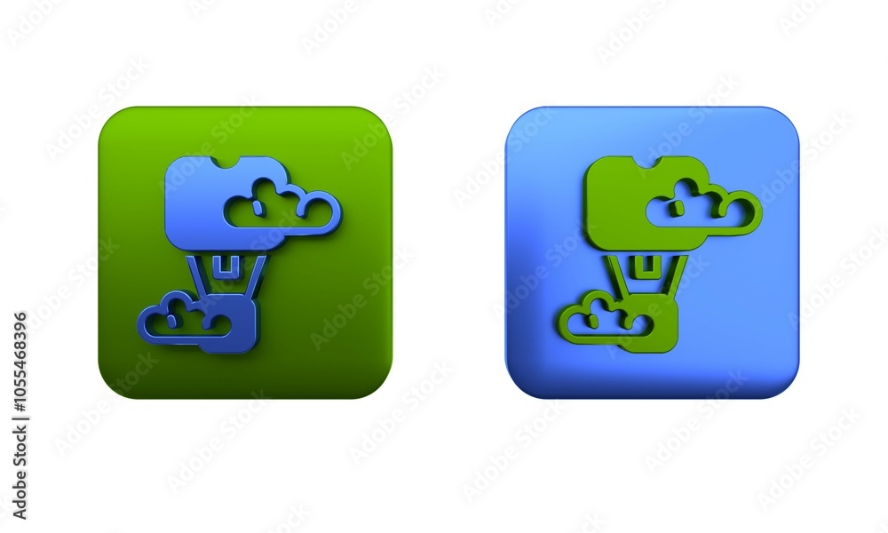 Colorful Romantic hot air balloon icon isolated on white background. Air transport for travel. Square button. 3D render illustration Colorful Romantic hot air balloon icon isolated on white background. Air transport for travel. Square button. 3D render illustration