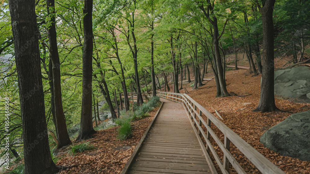 Wooden Path Through Forested Landscape With Fallen Leaves Wooden Path Through Forested Landscape With Fallen Leaves