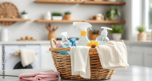 Cleaning set for different surfaces in kitchen, bathroom and other rooms. Basket with cleaning products on blurred background. General cleaning. Cleaning service concept with space for text.