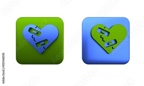 Colorful Healed broken heart or divorce icon isolated on white background. Shattered and patched heart. Love symbol. Valentines day. Square button. 3D render illustration