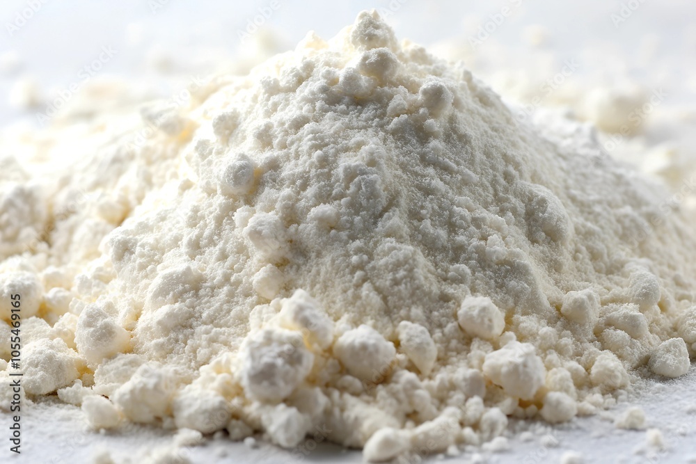 Close up image of white flour is sitting on a white surface Close up image of white flour is sitting on a white surface