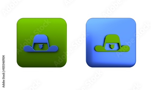 Colorful Sheriff hat with badge icon isolated on white background. Square button. 3D render illustration photo