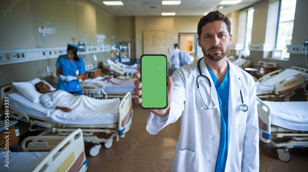 Fototapeta premium Doctor Holding Phone in Hospital Room with Patients