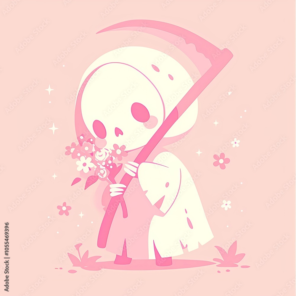 Cute skeleton in black robe holding scythe isolation on pink background. Funeral, grief and death concept. Halloween and Day of the Dead. Creative illustration for design, print, banner, poster Cute skeleton in black robe holding scythe isolation on pink background. Funeral, grief and death concept. Halloween and Day of the Dead. Creative illustration for design, print, banner, poster
