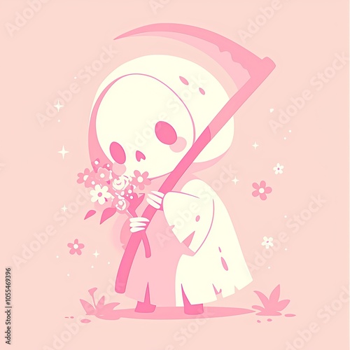 Cute skeleton in black robe holding scythe isolation on pink background. Funeral, grief and death concept. Halloween and Day of the Dead. Creative illustration for design, print, banner, poster