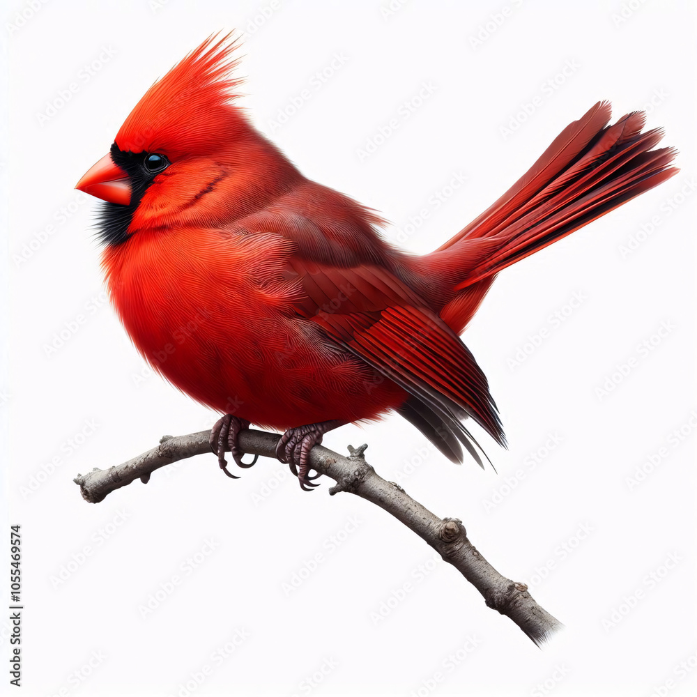 Fototapeta premium A vibrant male Northern Cardinal perched on a branch, showcasing its brilliant red plumage against a white background