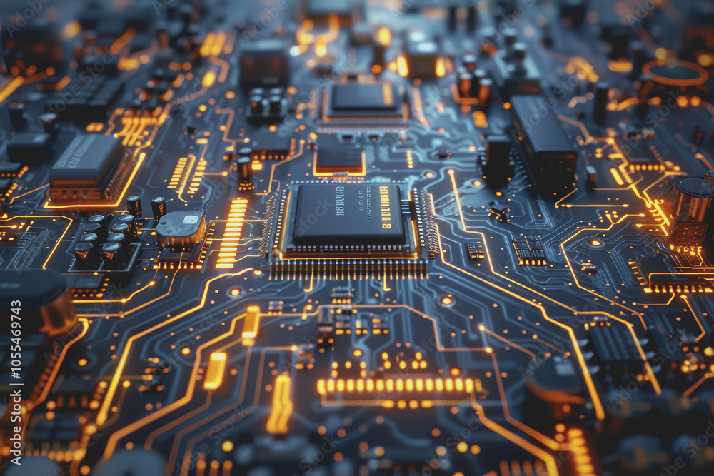 Computer motherboard with complex circuits and microchips focused on technology. Computer motherboard with complex circuits and microchips focused on technology.