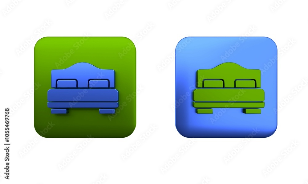 Colorful Hotel room bed icon isolated on white background. Square button. 3D render illustration