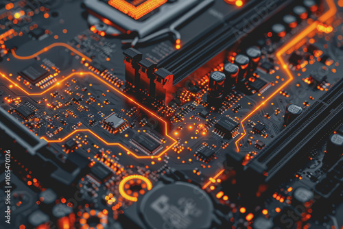 Computer motherboard with complex circuits and microchips focused on technology.