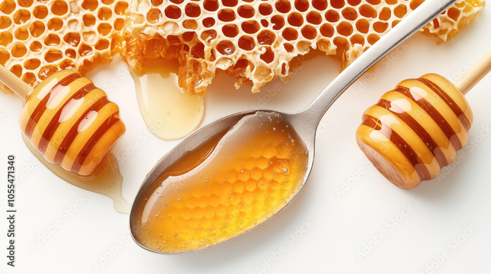Close-up of honeycomb with a spoon and dipper drizzled with golden honey on a white surface, showcasing texture and richness. Close-up of honeycomb with a spoon and dipper drizzled with golden honey on a white surface, showcasing texture and richness.