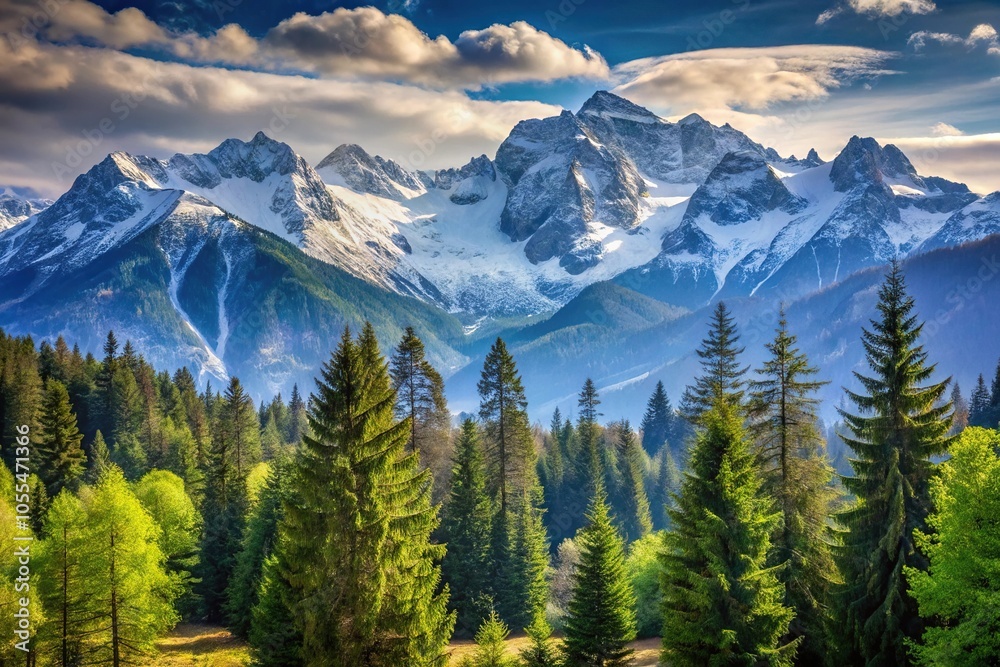 Snow-capped mountains in the background with a gentle forest landscape and a few trees in the foreground, forest, peaceful, greenery, landscape, majestic Snow-capped mountains in the background with a gentle forest landscape and a few trees in the foreground, forest, peaceful, greenery, landscape, majestic