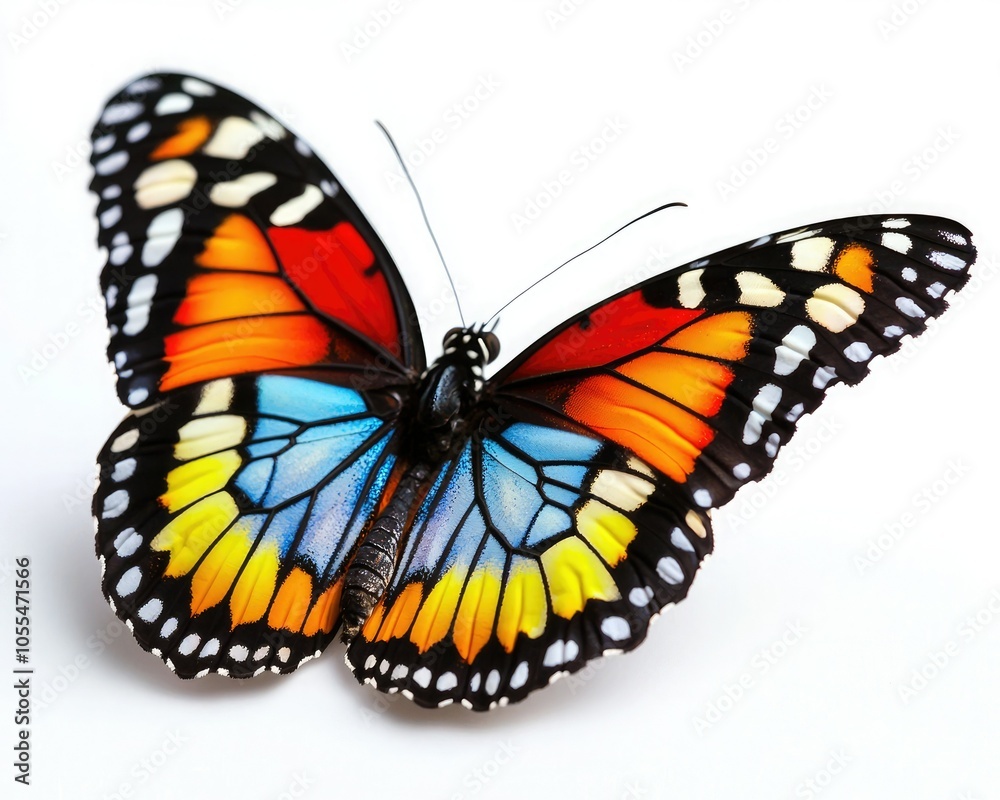 Fototapeta premium A vibrant butterfly with striking orange, blue, and yellow patterns, showcasing its delicate wings against a white background.