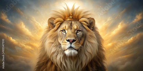 A Majestic Lion with a Golden Crown Gazes at the Sunlit Sky, a Symbol of Power and Sovereignty