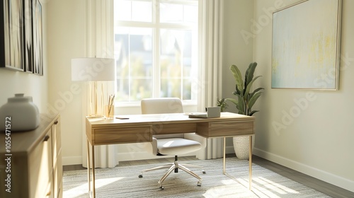 A modern home office with a desk, a chair, a floor lamp, a large plant, and a computer.