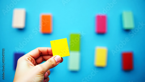 Yellow Square Presented Against a Blue Wall with a Free Yet Organized Arrangement of Colored Squares