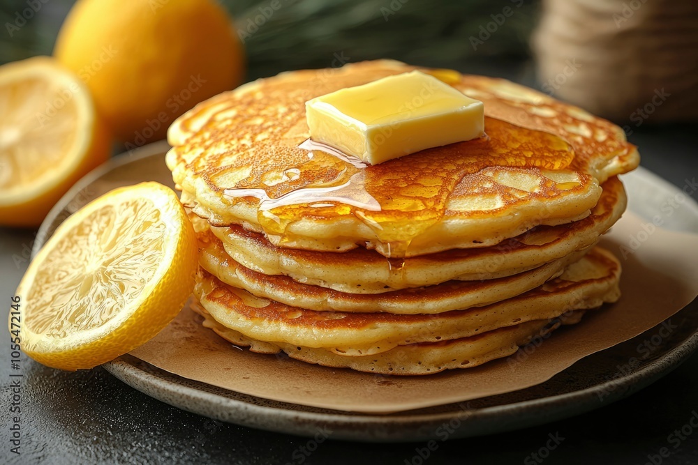 Buttery Pancakes with Drizzled Honey and Lemon Slice Buttery Pancakes with Drizzled Honey and Lemon Slice