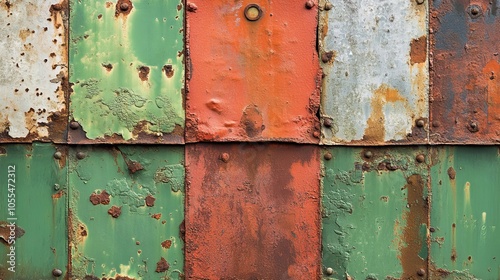 Industrial metal sheet decay, with rust, vibrant green, and red oxidations, close-up, soft natural light enhances the heavy corroded textures