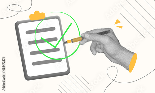 halftone collage, checklist illustration with hand marking a clipboard, symbolizing productivity and organization. planning, task management, workflow efficiency