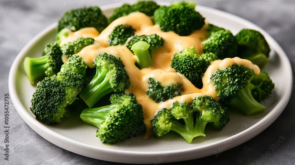Close-up of cooked broccoli with melted cheese sauce served on a white ceramic plate on a gray surface Close-up of cooked broccoli with melted cheese sauce served on a white ceramic plate on a gray surface