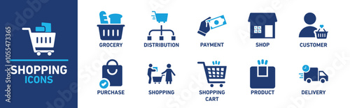 Shopping Icon Set Including Grocery, Payment, Delivery, and Customer Symbols