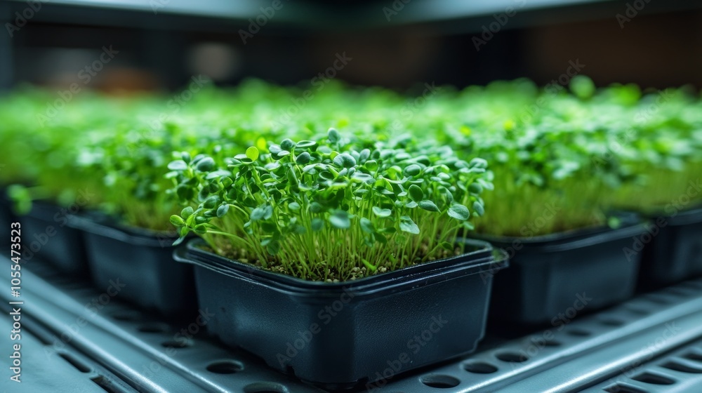 Fresh microgreens in a tray, healthy growth. Fresh microgreens in a tray, healthy growth.