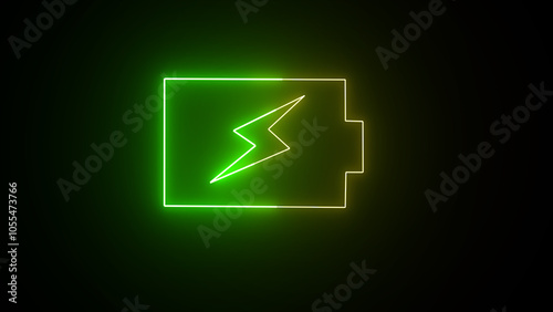 Neon battery fast charging animation. Glowing neon battery charging icon.