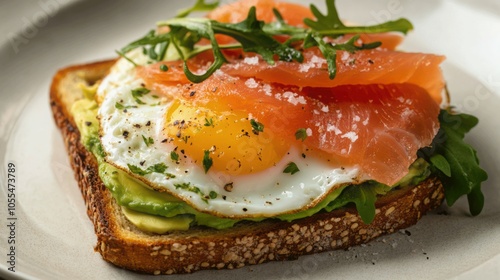 Avocado toast topped with a perfectly poached egg and smoked salmon, creating a healthy, protein rich meal that s perfect for breakfast or brunch.