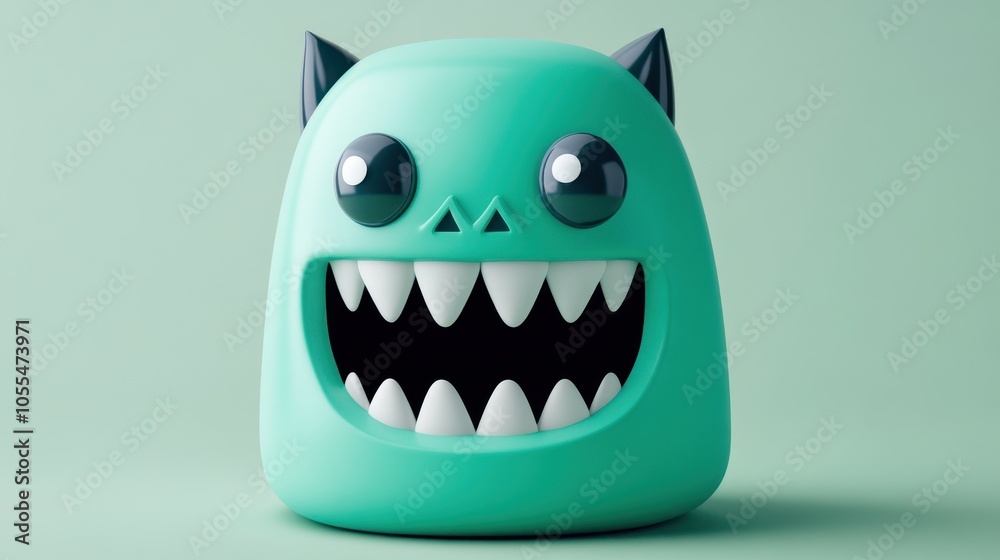 Naklejka premium A whimsical monster figurine with a vibrant mint green body, large eyes, and a wide grin of sharp white teeth, set against a pale green background. Perfect for playful branding and children's media.