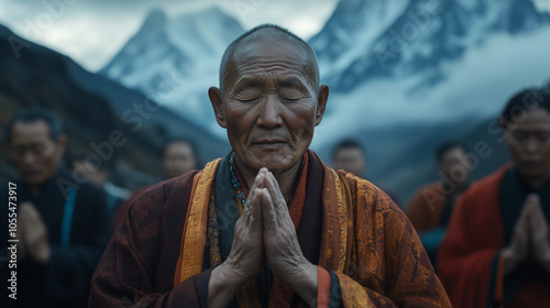 Tamu Losar, a traditional ceremony enlivened by the giving of blessings by Buddhist monks, participants wear traditional Tamu clothing and pray together, Ai generated images photo