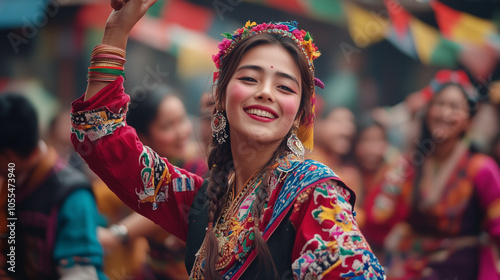 Tamu Losar, Tamu community celebrates new year in Nepal, people wear colorful traditional clothes, dance and sing together, Ai generated images photo