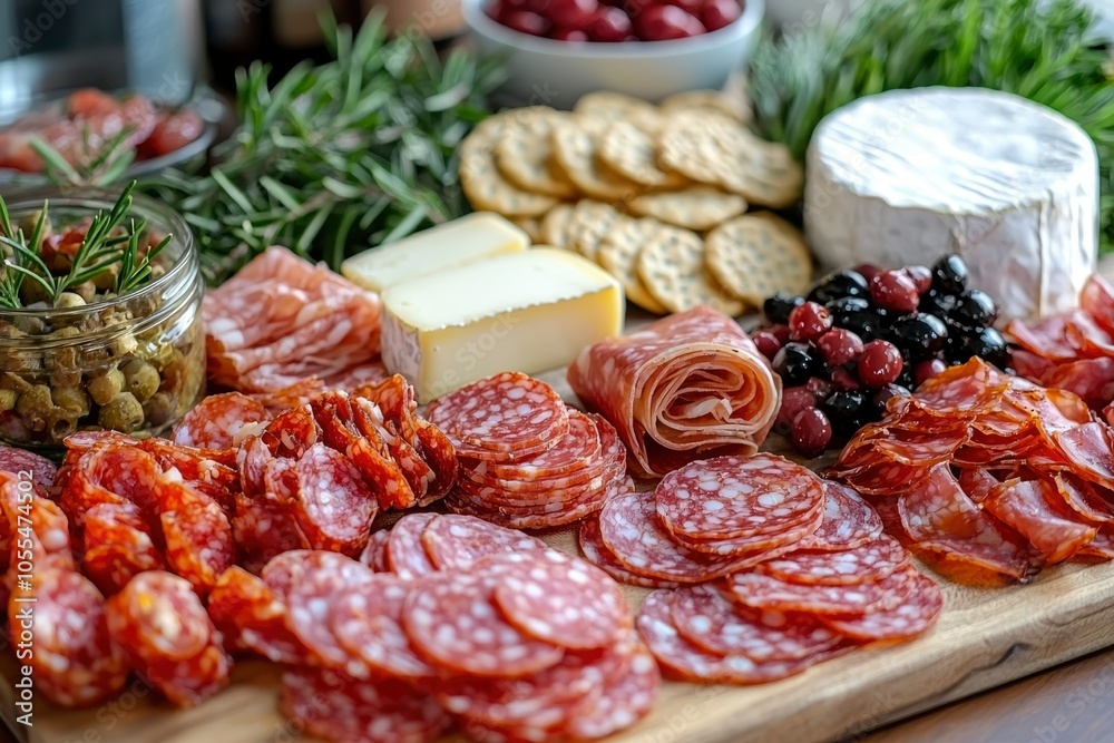 A Charcuterie Board with Salami, Cheese, Crackers, Olives, and Rosemary A Charcuterie Board with Salami, Cheese, Crackers, Olives, and Rosemary