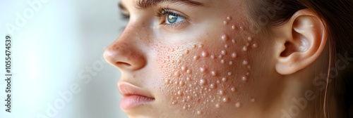 Close-up portrait of a young female's face,showcasing skin with visible acne,blemishes,and other textural imperfections.