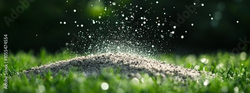 Soil pile with water droplets on green grass photo