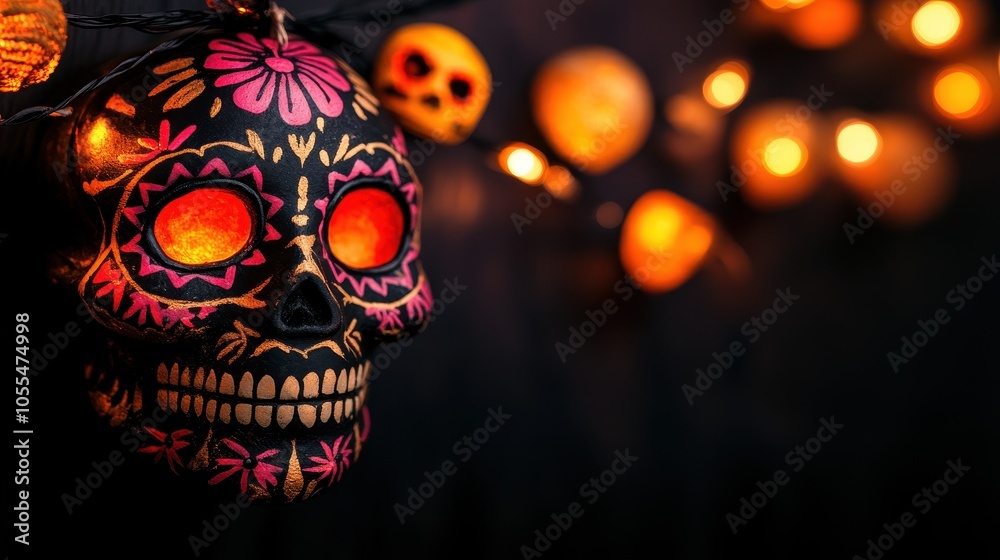 A vibrant Day of the Dead skull, adorned with floral patterns in pink, orange, and gold, shines against a dark background, enhanced by glowing lights and decorative skulls. A vibrant Day of the Dead skull, adorned with floral patterns in pink, orange, and gold, shines against a dark background, enhanced by glowing lights and decorative skulls.