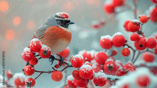 Winter season. Snow-covered mountain ash with a bird. A whimsical winter wonderland photo