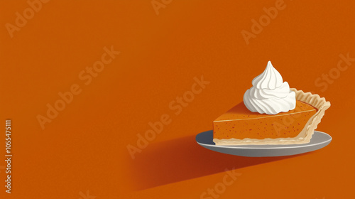 A clipart-style illustration of a slice of pumpkin pie topped with a swirl of whipped cream, set against a vibrant orange background, perfect for Thanksgiving and autumn-themed designs. photo