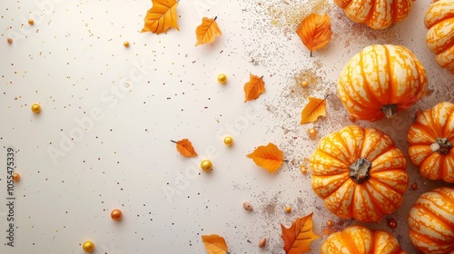 Thanksgiving and Harvest Festival. minimalist flat lay of golden pumpkins and confetti on pastel beige background, creating elegant autumn-themed composition with space for text