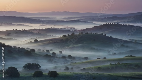 misty valley dawn hills mountain shades sunrise glow landscape nature