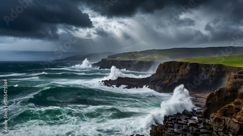 rugged coastline powerful storm massive waves jagged cliffs clouds rain nature landscape