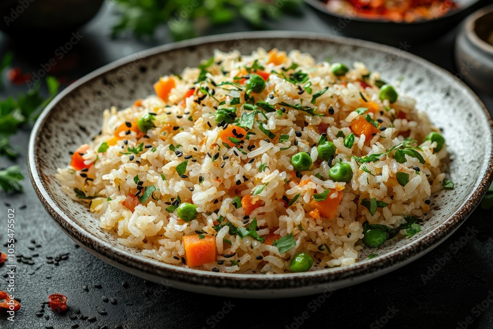 Close-up of a Plate of Savory Rice with Carrots, Peas, and Sesame Seeds Close-up of a Plate of Savory Rice with Carrots, Peas, and Sesame Seeds