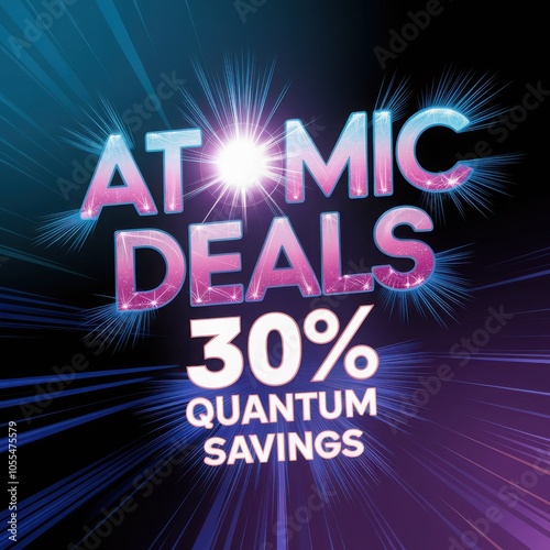 Dynamic atomic deals promotion with vibrant particle background for quantum savings