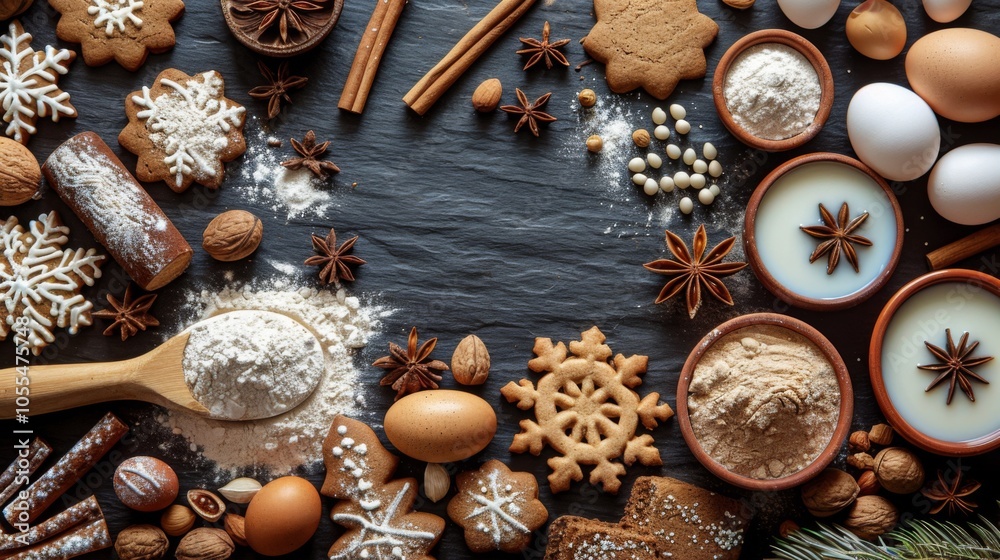 Winter season. Christmas, New Year cooking background. Baking ingredients and utensils - flour, rolling pin, gingerbread, milk, eggs. Making festive Christmas sweet cookies. Winter season. Christmas, New Year cooking background. Baking ingredients and utensils - flour, rolling pin, gingerbread, milk, eggs. Making festive Christmas sweet cookies.
