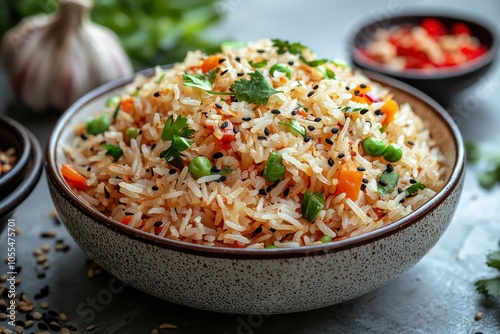 Bowl of Vegetable Fried Rice with Sesame Seeds and Cilantro Garnish