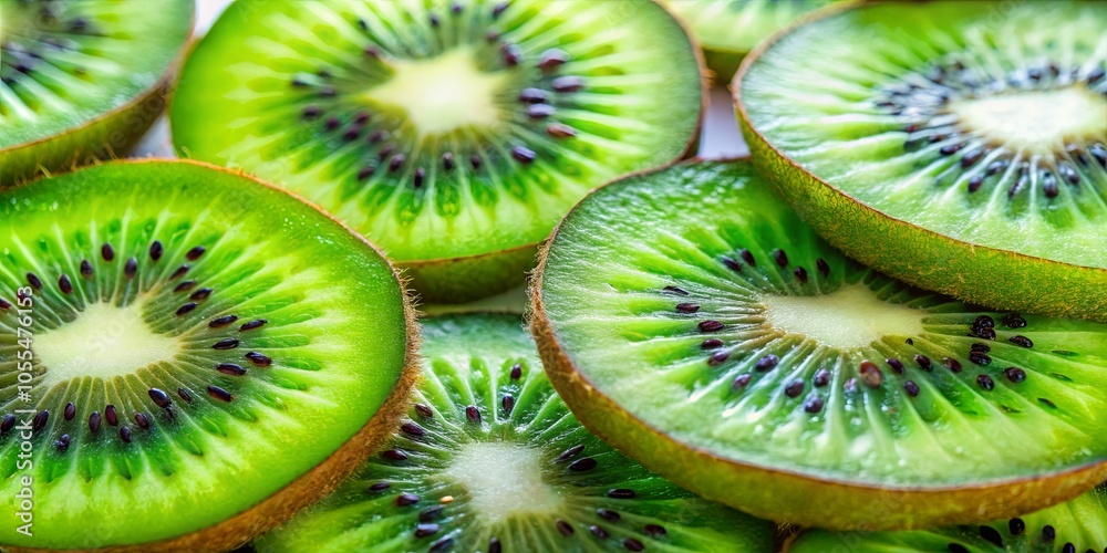 A close-up shot of vibrant green kiwi fruit slices, revealing intricate details of their inner flesh and delicate seeds.