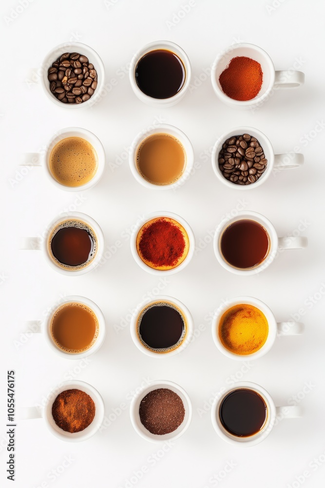 Obraz premium Variety of coffee cups with beans, ground coffee, rich blends, aromatic brews, diverse flavors, caffeine selection, beverage presentation, coffee culture concept