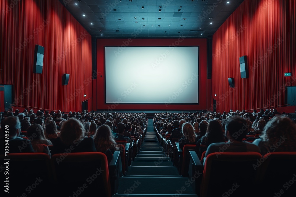 A movie theater, the audience is focused on a large, bright screen displaying a film. Generative AI A movie theater, the audience is focused on a large, bright screen displaying a film. Generative AI