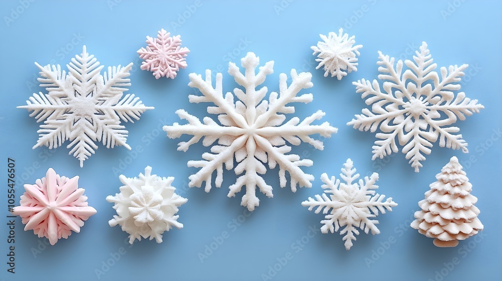 Minimalist snowflakes on a plain background, soft pastel shades Minimalist snowflakes on a plain background, soft pastel shades